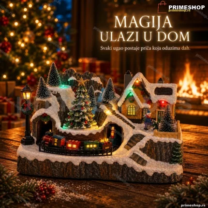 LED zimska scena — selo sa rotirajućom jelkom i vozićem