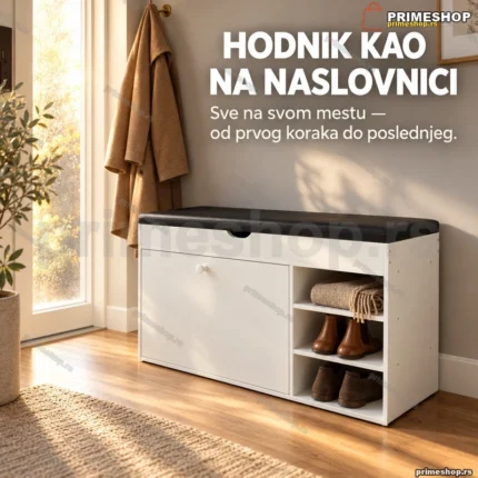 Beli cipelarnik sa tapaciranim sedištem — klupa za hodnik