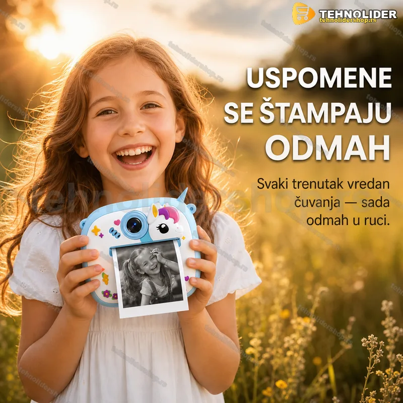 Termalni foto-štampač Jednorog za decu — plavi, bez mastila instant kamera za dečake - prednja strana