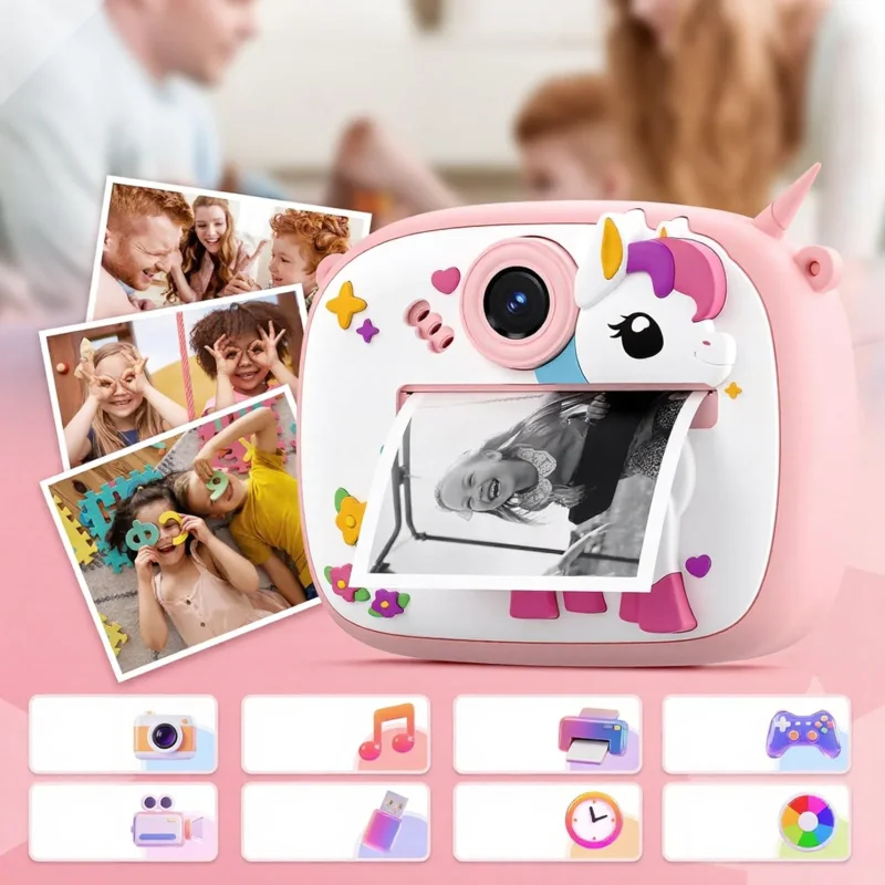 Roze instant kamera za devojčice — Jednorog, termalni štampač bez mastila instant kamera za devojčice - detalji