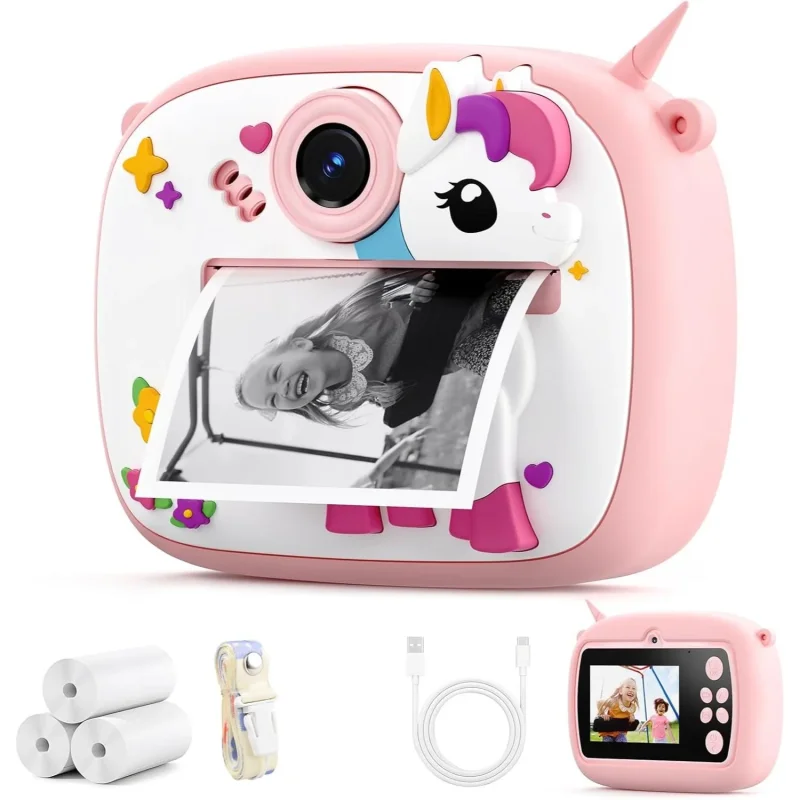 Roze instant kamera za devojčice — Jednorog, termalni štampač bez mastila instant kamera za devojčice - u upotrebi
