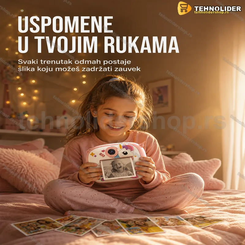 Roze instant kamera za devojčice — Jednorog, termalni štampač bez mastila instant kamera za devojčice - prednja strana