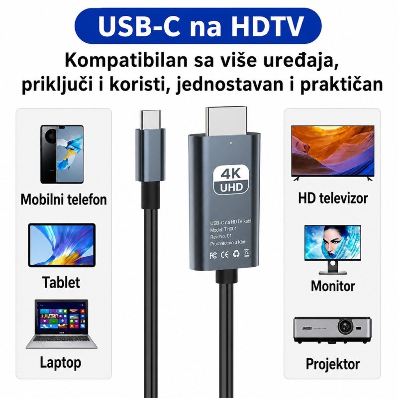 HDMI kabl sa USB-C priključkom — 4K UHD prenos slike i zvuka USB-C na HDMI adapter - detalji