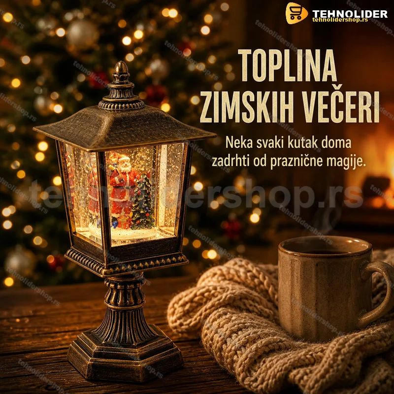 Dekorativna LED lanterna 31 cm — Deda Mraz i jelka u snegu praznična lanterna 31 cm - prednja strana