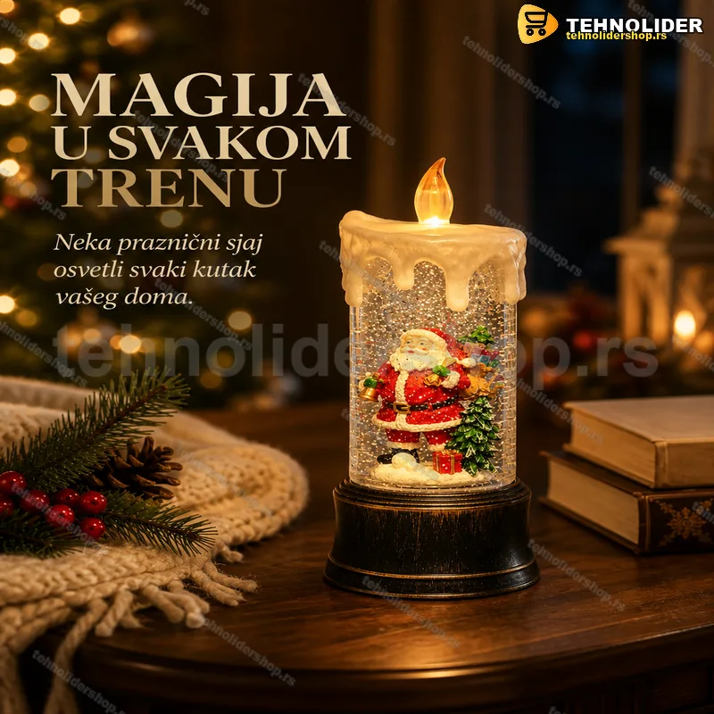 Dekorativna sveća sa snegom i Deda Mrazom — LED, 24 cm sveća sa snegom i Deda Mrazom - prednja strana